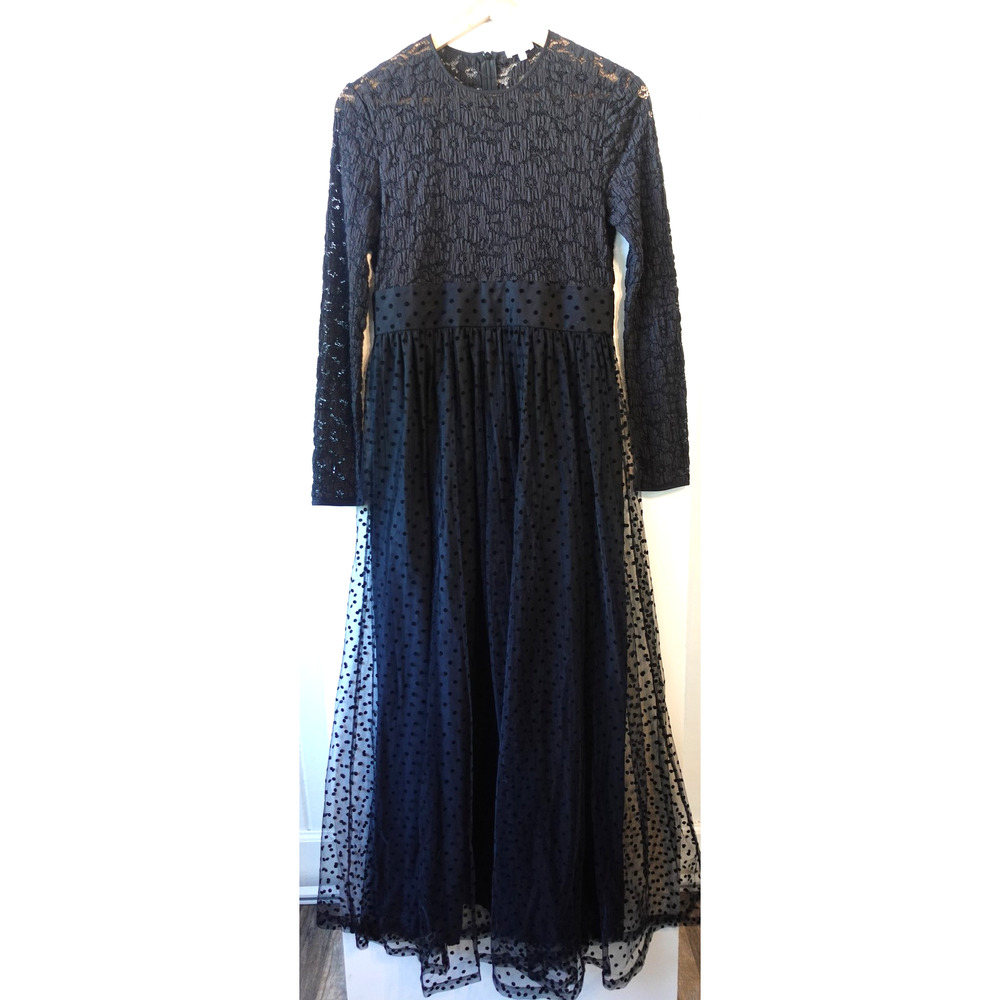 Manoush Dress Womens 8 Black Lace Polka Dot Maxi Long‎ Sleeve Stretch Tulle Goth